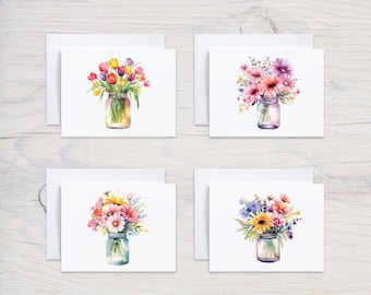 Watercolor Floral Note Cards with Envelopes, Variety Card Pack, Assortment Greeting Cards Blank Inside, Floral Stationery For Women