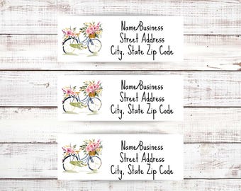 Personalized Floral Bicycle Address Labels, Spring Address Labels, Return Address Stickers for Envelopes, Custom Mailing Labels