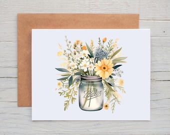 Mason Jar Note Cards, Floral Note Cards for Women, Spring Stationery, Cards with Flowers, Botanical Cards Pack, Wildflower Card Set