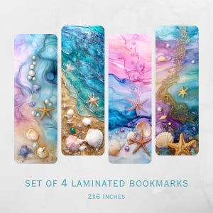 May include: A set of four laminated bookmarks measuring 2x6 inches each. The bookmarks feature abstract ocean-themed designs with alcohol ink swirls in blue, purple, and gold, decorated with small seashells, starfish, and white pearls.