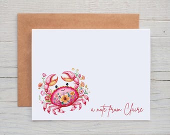 Personalized Crab Note Cards with Envelopes, Summer Stationery Set, a note from card, Beach Themed Gifts for Women, Crab Gift for Friend