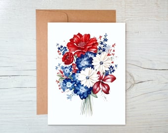 Patriotic Floral Card, 4th of July Card, Patriotic Note Cards with Envelopes, Independence Day Card, Card for Veteran, Patriotic Stationary