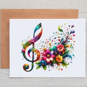 May include: A colorful illustration of a treble clef surrounded by flowers and musical notes. The treble clef is made up of swirls and floral designs in shades of pink, blue, green, yellow, and orange.