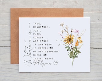 Philippians 4:8 Card, Christian Note Cards, Encouragement Card for Friend, Floral Note Cards with Bible Verses, Inspirational Card for Women