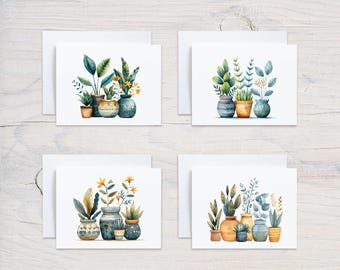 May include: Four cards with watercolor illustrations of potted plants. Each card features a different arrangement of plants in blue and green pots with yellow flowers.