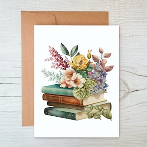 Book lover card set with envelopes, floral book stack librarian gifts, small business thank you cards pack, book gifts for women, bookish