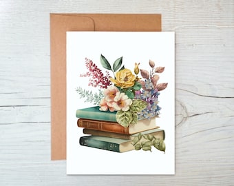 Book lover card set with envelopes, floral book stack librarian gifts, small business thank you cards pack, book gifts for women, bookish