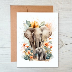 May include: Watercolor painting of a mother elephant and her baby elephant standing in a field of flowers. The flowers are in shades of orange, yellow, and white. The elephants are gray and have detailed features.