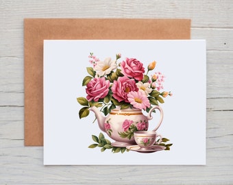 Tea Cup Note Cards with Envelopes, Roses Card Pack,  Floral Cards, Spring Stationery for Women, Gift for Tea Drinker, Blank Note Cards