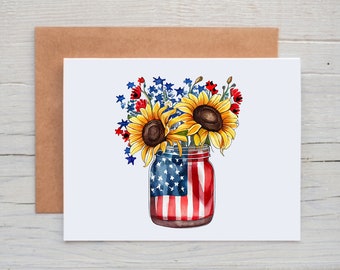Patriotic Floral Card, 4th of July Card, Patriotic Note Cards with Envelopes, Independence Day Card, Card for Veteran, Patriotic Stationary