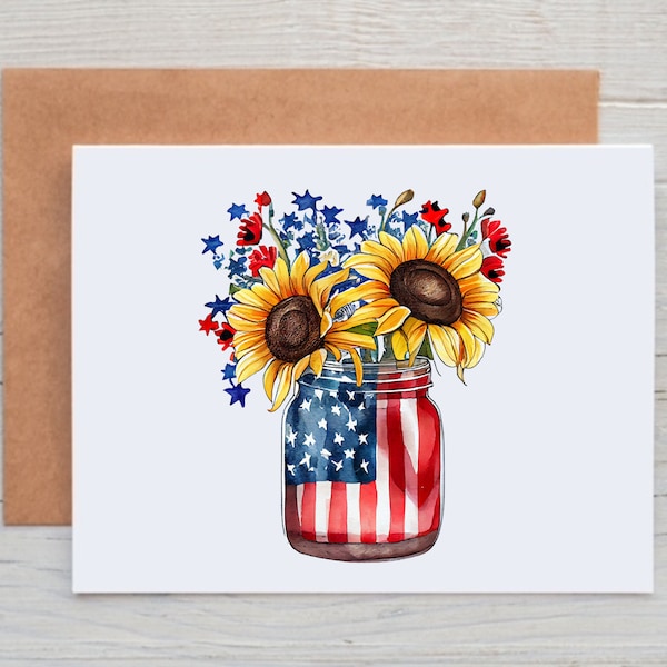 Patriotic Floral Card, 4th of July Card, Patriotic Note Cards with Envelopes, Independence Day Card, Card for Veteran, Patriotic Stationary