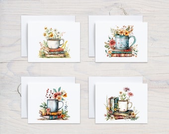 Coffee Mug Note Cards, Floral Tea Cup Card Pack, Book Lover Gifts for Women, Tea Drinker Gift, Gift for Coffee Drinker, Variety Card Pack