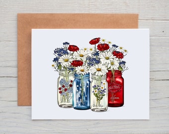 Patriotic Floral Card, 4th of July Card, Patriotic Note Cards with Envelopes, Independence Day Card, Card for Veteran, Patriotic Stationary
