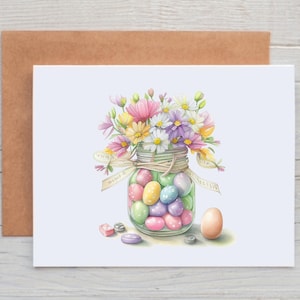 May include: A watercolor illustration of a glass jar filled with colorful Easter eggs and topped with a bouquet of pink, white, and purple flowers. The jar is tied with a ribbon and there are a few candy eggs scattered on the table.