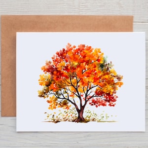 May include: Watercolor painting of a tree with orange, yellow, and red leaves. The tree is on a white background.