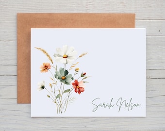 Personalized Floral Note Cards with Envelopes, Custom Stationery Set for Women, Wildflower Card Pack, Botanical Cards, Cards with Flowers