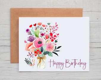 Floral Birthday Card Pack, Birthday Stationery with Flowers, Blank Birthday Cards with Envelopes, Pretty Birthday Card for Friend