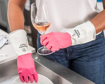 Reusable Cleaning & Drinking Gloves for Household and Kitchen | Rubber Latex, 1 Pair, Pink | Fun Funny Unique Gift for Wine Lover