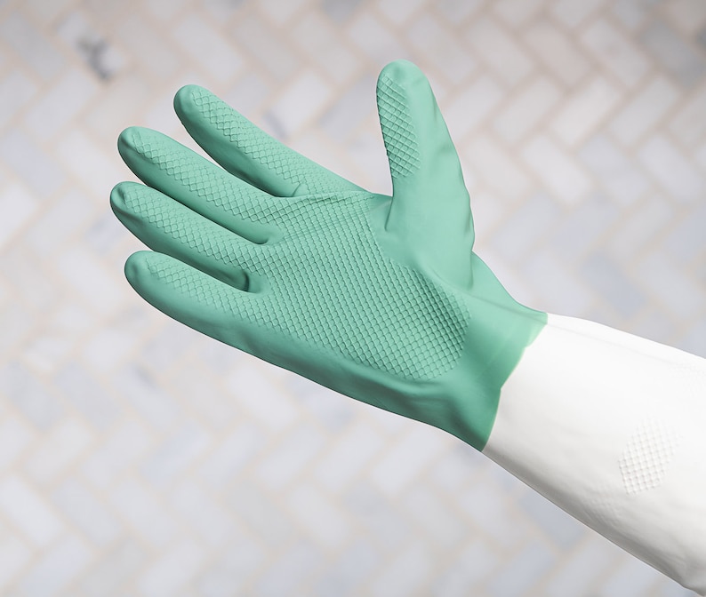 May include: A green rubber cleaning glove with a white cuff. The glove has a textured surface for a better grip.