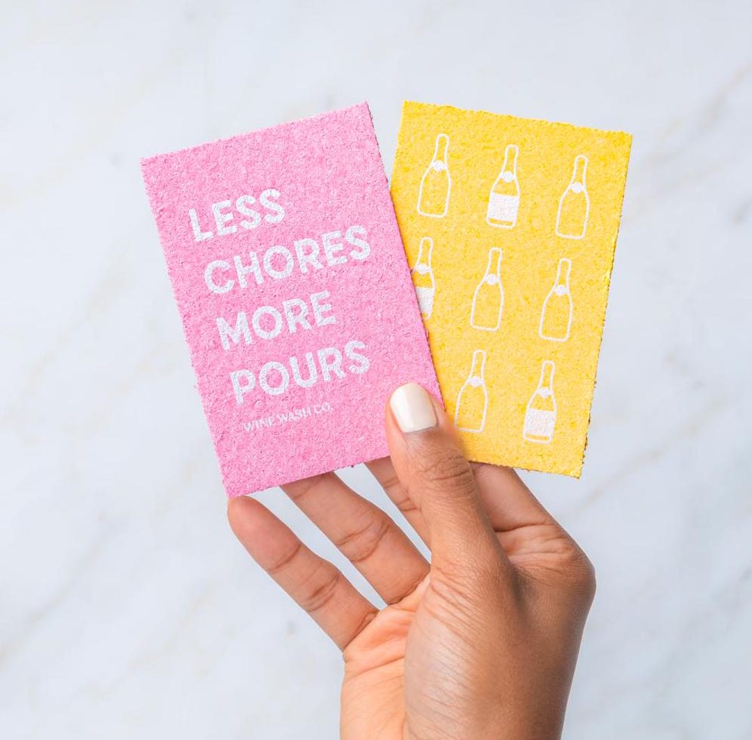 Less Chores, More Pours Sponge Set | Pink & Orange Wine Bottle Print ...