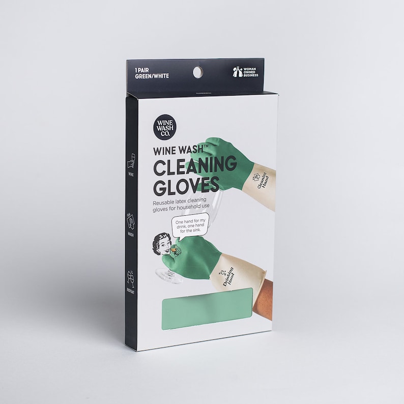 May include: A pair of green cleaning gloves with the text "Wine Wash Cleaning Gloves" on the packaging. The gloves are reusable latex and are designed for household use. The packaging also includes the text "One hand for my drink, one hand for the sink."