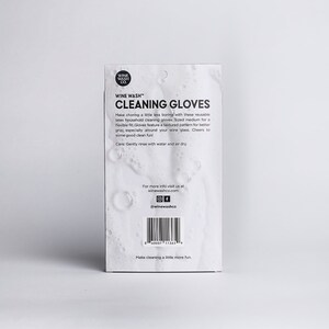 May include: A white package with black text that reads "WINE WASH" and "CLEANING GLOVES". The package features a textured pattern and the text "Make choring a little less boring with these reusable latex household cleaning gloves. Sized medium for a flexible fit. Gloves feature a textured pattern for better grip, especially around your wine glass. Cheers to some good clean fun! Care: Gently rinse with water and air dry."