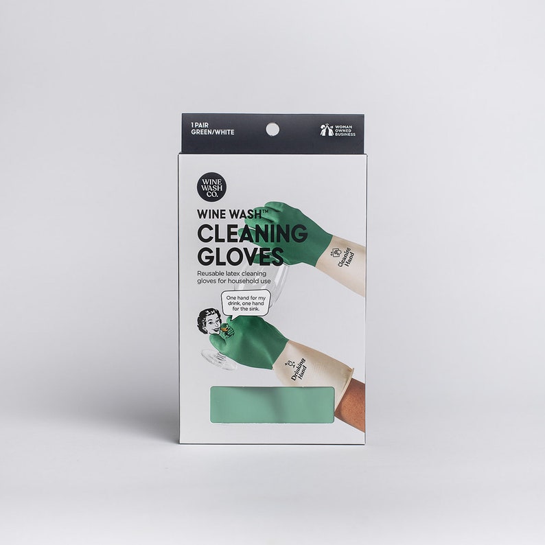 May include: A pair of green and white reusable latex cleaning gloves packaged in a white box with the text "Wine Wash Cleaning Gloves".