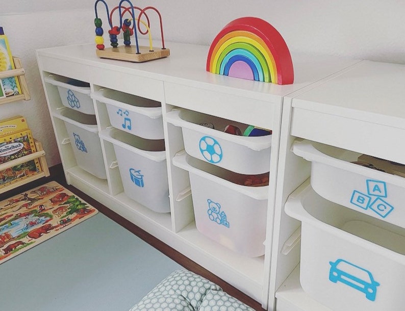 Trofast Aufkleber Ordnungsboxen Aufkleber Ordnung im Kinderzimmer Spielbox Organisation Spielzeugaufbewahrung Sticker Montessori Lichtblau