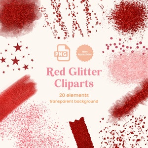 Puede incluir: Un conjunto de 20 elementos de clipart de purpurina roja con fondo transparente. El clipart incluye estrellas, puntos y varias formas.