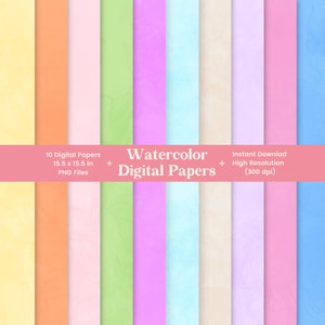 Puede incluir: Diez papeles digitales en varios colores pastel, incluyendo amarillo, naranja, rosa, verde, azul y blanco. Cada papel tiene una textura de acuarela y mide 15,5 pulgadas por 15,5 pulgadas. Los papeles son de alta resolución (300 dpi) y están disponibles para descarga instantánea.