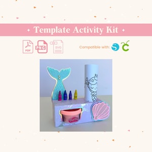 Puede incluir: Un kit de actividades con temática de sirena con un contenedor de Play-Doh, un recorte de cola de sirena, una página para colorear de sirena y crayones. El kit es compatible con Cricut.
