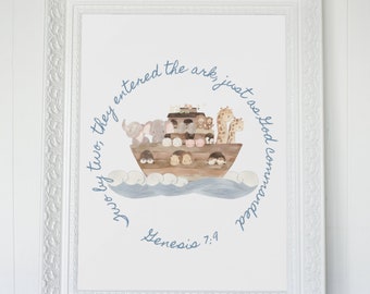 Watercolor Noah's Ark Nursery Print, Bible Verse Art (Digital Download)