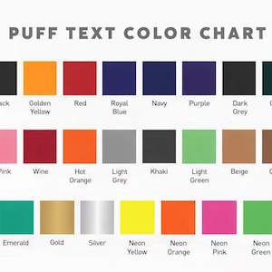 The image is a color chart that displays various colors, including white, black, gold, red, royal blue, purple, dark grey, green, orange, pink, d. pink, wine, hot orange, khaki, light grey, beige, camel, sky blue, mint, emerald, gold, silver, neon, neon yellow, neon orange, neon pink, neon green, and neon blue.