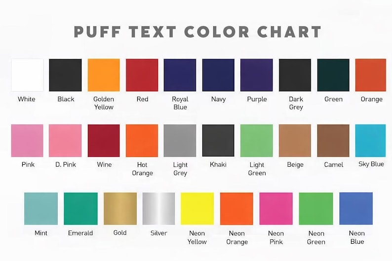 The image is a color chart that displays various colors, including white, black, gold, red, royal blue, purple, dark grey, green, orange, pink, d. pink, wine, hot orange, khaki, light grey, beige, camel, sky blue, mint, emerald, gold, silver, neon, neon yellow, neon orange, neon pink, neon green, and neon blue.
