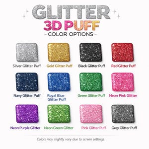 a collection of twelve glitter colors, each with a corresponding description, arranged in a grid format. The colors include silver glitter, gold glitter, black glitter, red glitter, navy glitter, royal blue glitter, green glitter, neon pink glitter, pink glitter, grey glitter, and neon purple glitter. The colors may slightly vary due to screen settings, and the image does not include any text that is too vague or repetitive.