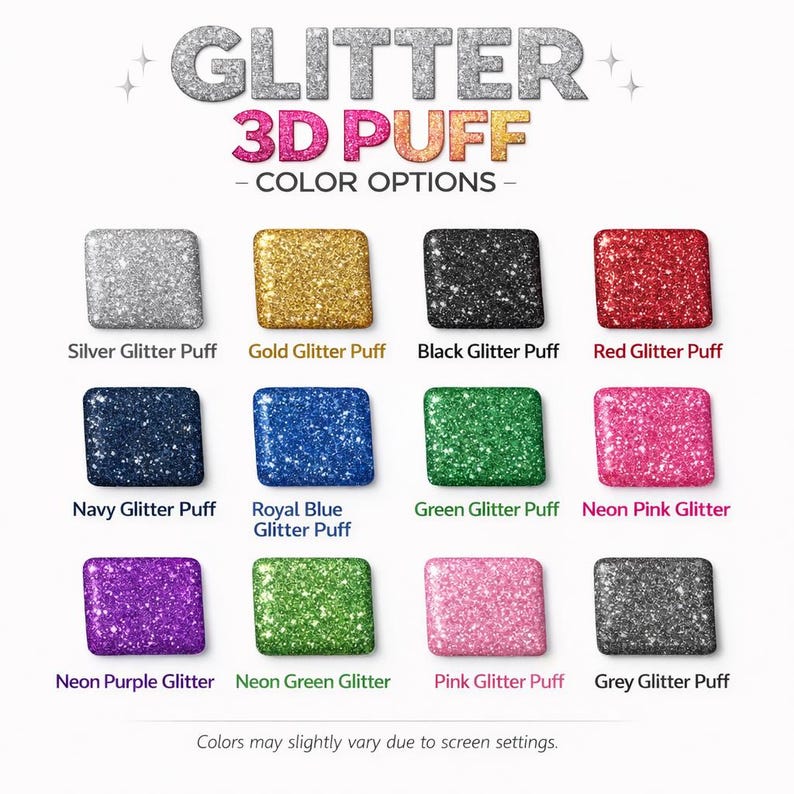 a collection of twelve glitter colors, each with a corresponding description, arranged in a grid format. The colors include silver glitter, gold glitter, black glitter, red glitter, navy glitter, royal blue glitter, green glitter, neon pink glitter, pink glitter, grey glitter, and neon purple glitter. The colors may slightly vary due to screen settings, and the image does not include any text that is too vague or repetitive.
