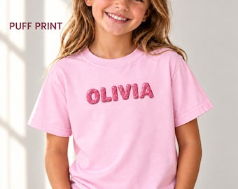 Personalized Youth Comfort Colors Shirt, Custom Name Puff Print T-Shirt, Kids Glitter or Metallic Puff Tee, Boys Girls Gift