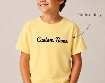 Embroidered Tshirt, Comfort Colors Youth Tee | Personalized Name | Soft Washed Cotton, Vintage Feel
