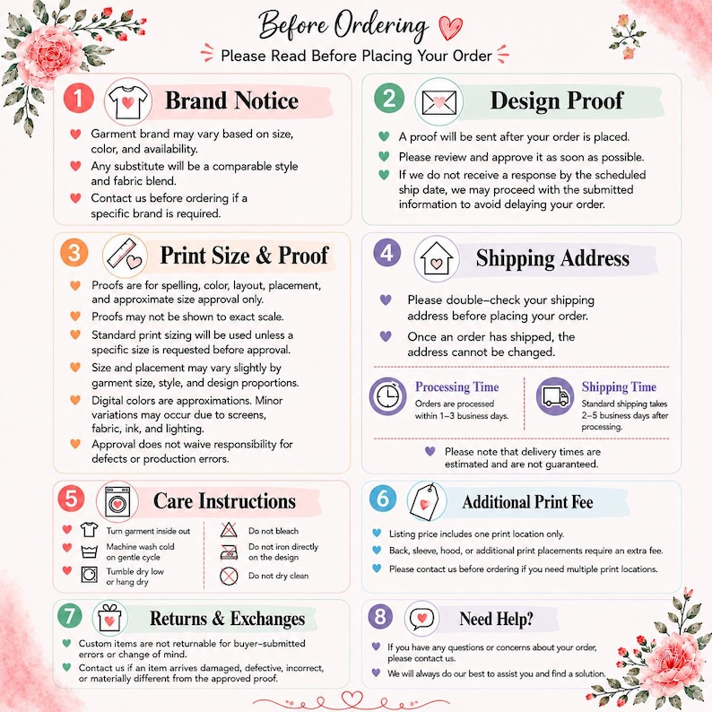 The image is a printed guide or instructions for placing an order, providing information on various aspects of the ordering process, such as brand notice, design proof, print size and proof, shipping address, processing time, and returns and exchanges.