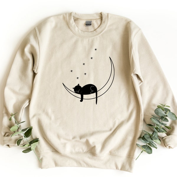 Moon Cat Sweatshirt, Cat Crewneck Sweatshirt, Moon Sweater, Cat Love Pullover, Cute Cat Sweatshirt, Cat Gift, Gift for Love Animal