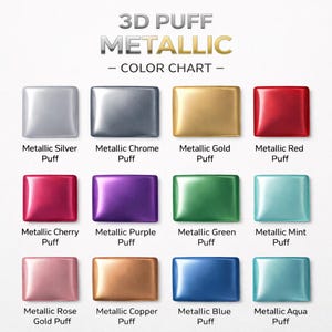 a color chart with twelve different metallic paint colors, each corresponding to a puff of paint. The colors include silver, chrome, gold, red, puffy, purple, green, mint, blue, rose, copper, blue, and aqua.