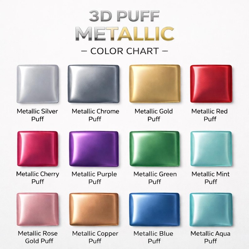 a color chart with twelve different metallic paint colors, each corresponding to a puff of paint. The colors include silver, chrome, gold, red, puffy, purple, green, mint, blue, rose, copper, blue, and aqua.