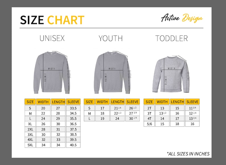 May include: Size chart for unisex, youth, and toddler sweatshirts. The chart shows measurements in inches for width, length, and sleeve length for each size.