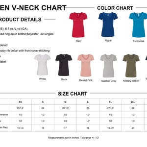 a women's v-neck chart with color charts and size charts for different styles of women's t-shirts.