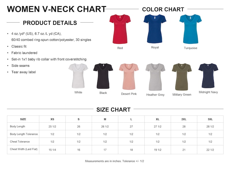 a women's v-neck chart with color charts and size charts for different styles of women's t-shirts.