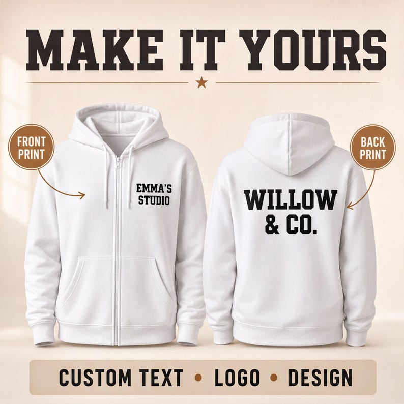 a white hoodie with text and logos, including a front and back view, and text indicating that it is customizable.