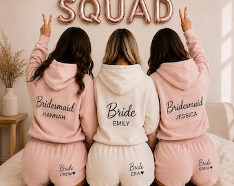 Benutzerdefinierte Bride Crew Lounge Set, Brautparty Matching Set, Bride Era Shorts, Brautjungfer Zip Hoodie, Bachelorette Pyjama Set