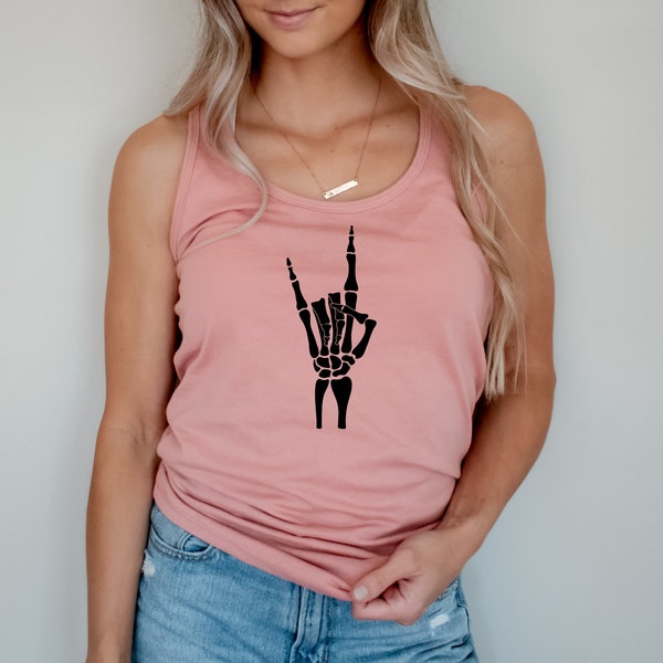 Rock And Roll Sign Tank, Skeleton Rock Hand Tank Top, Halloween Racerback Tank Tops, Fall Shirt, Metallica Tank Top, Halloween Gift