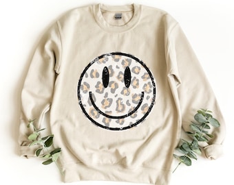 Smile Face Sweatshirt: Leopard Print - Cozy Unisex Crewneck