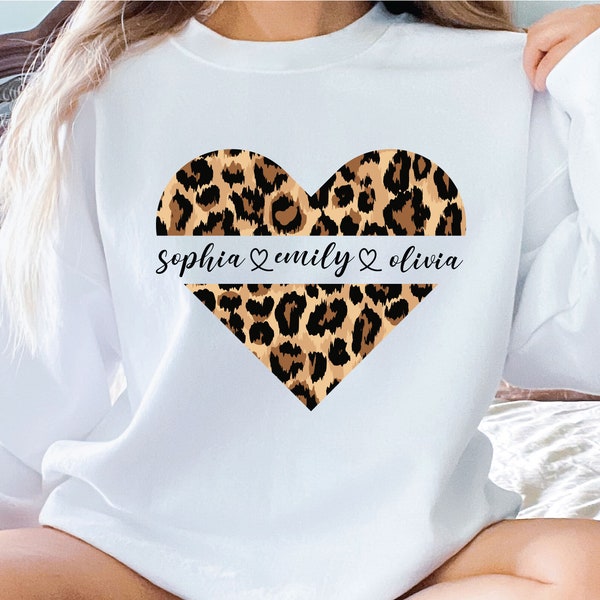 Leopard Mama Sweatshirt, Mother's Day Gift, Leopard Heart Pullover, Custom Mom Sweatshirt With   Names, Mom Crewneck Sweatshirt